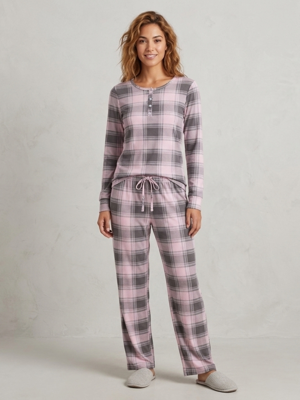 Canada Weather Gear Pink & Gray Plaid Long-Sleeve Pajama Set Size Med